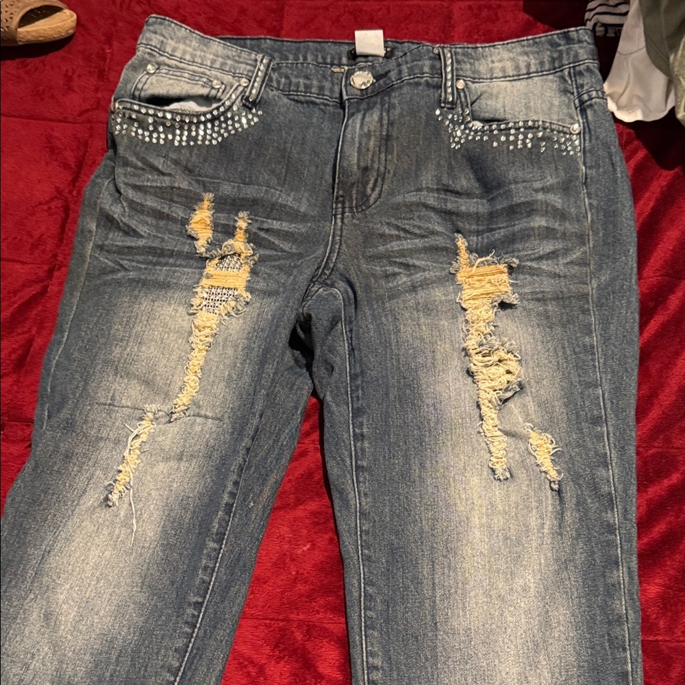 VENUS Studded Distressed Blue Skinny Jeans